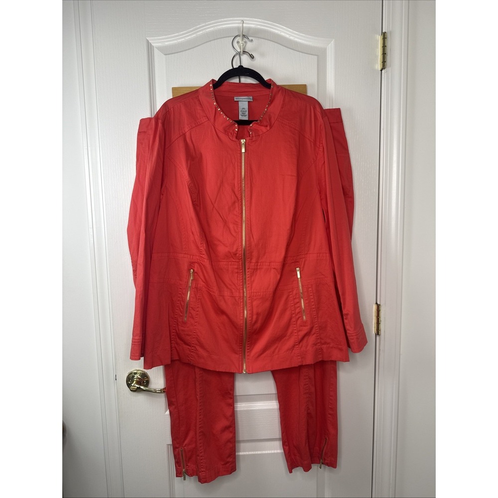 Catherines Womens Coral Jacket and Pants Set 2X 24W Gold Studded Zip Plus Size